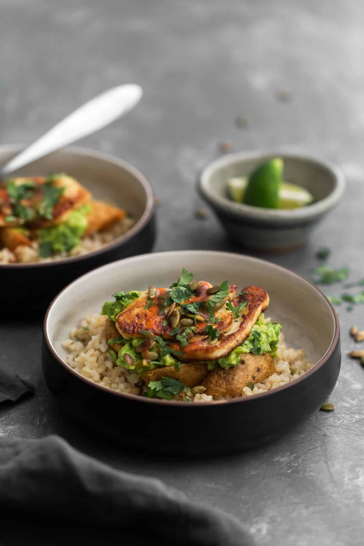 Halloumi Burrito Bowl with Roasted Potatoes and Guacamole