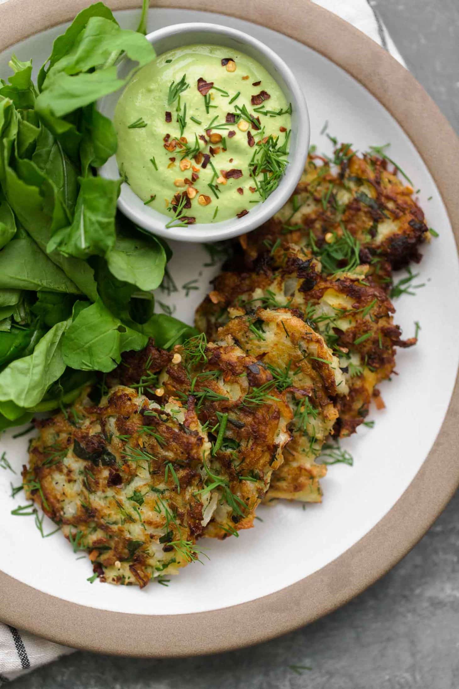 Kohlrabi Fritters with Garlic Herb Cashew Cream Sauce