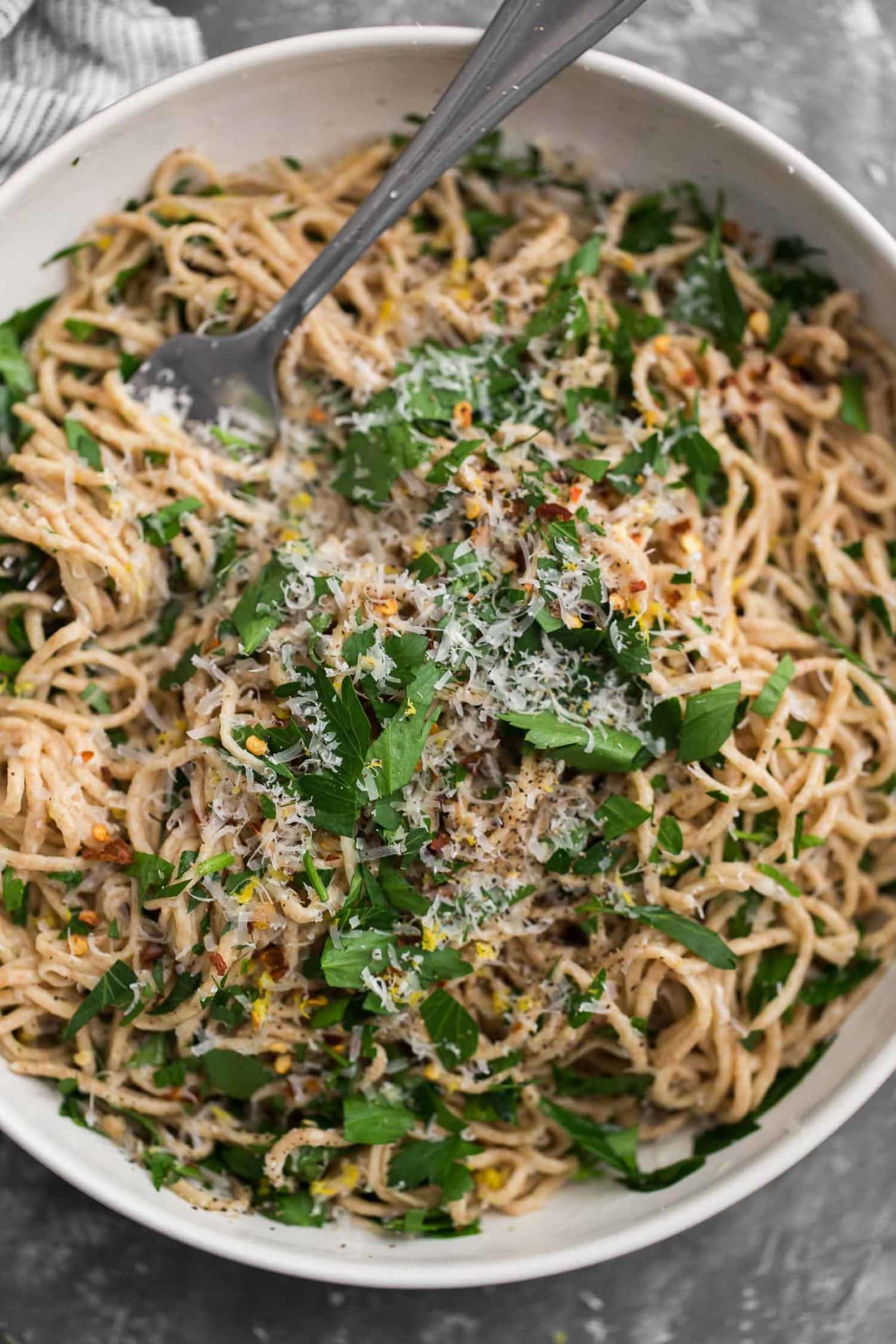 Spelt Spaghetti with Parsley and Garlic Oil