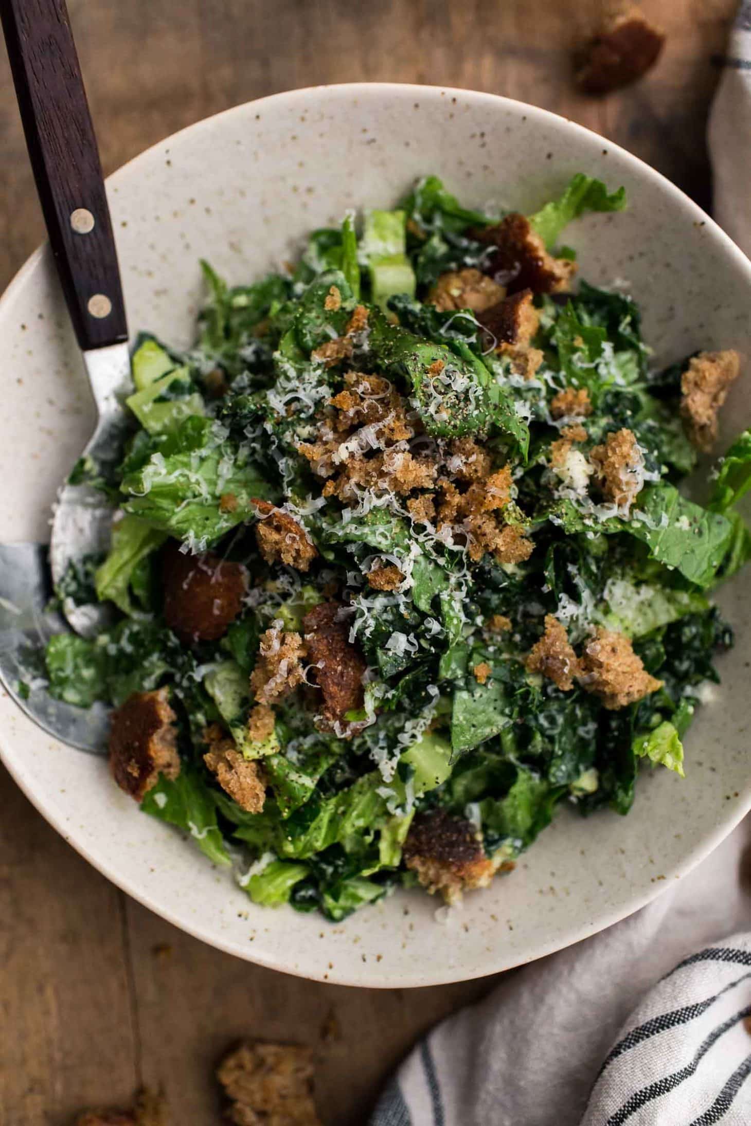 Tahini Kale Caesar Salad with Whole-Grain Croutons