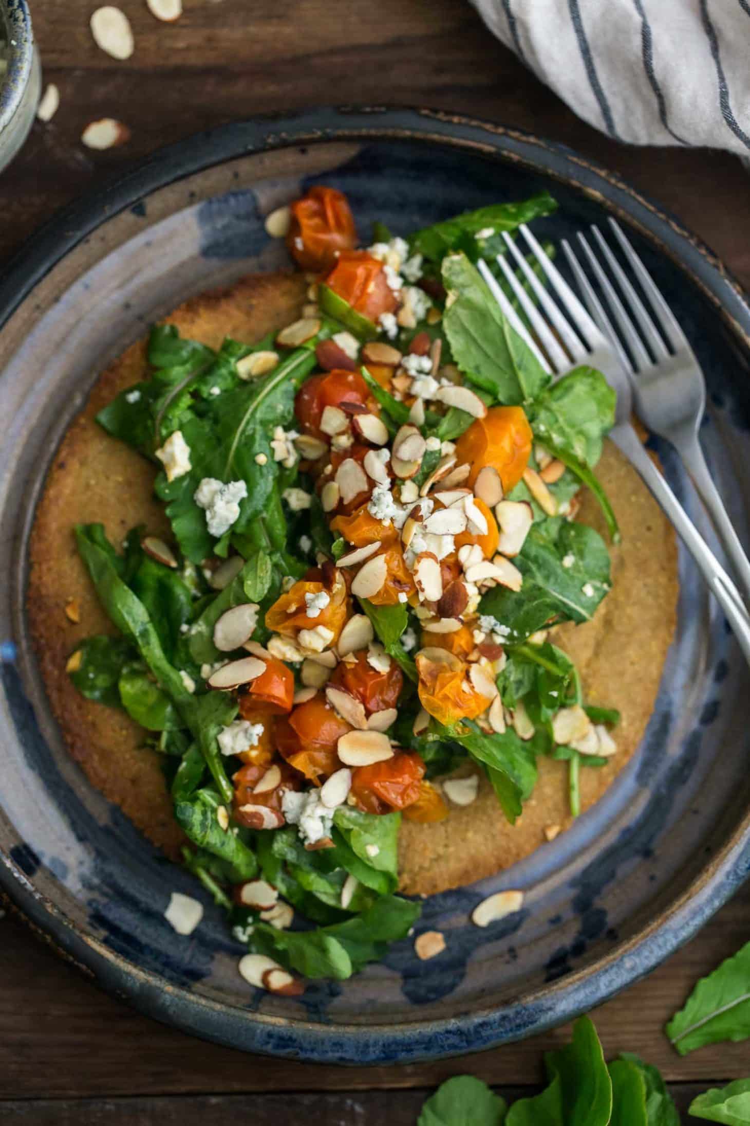 Oat Crisp with Burst Tomato Arugula Salad | Naturally Ella