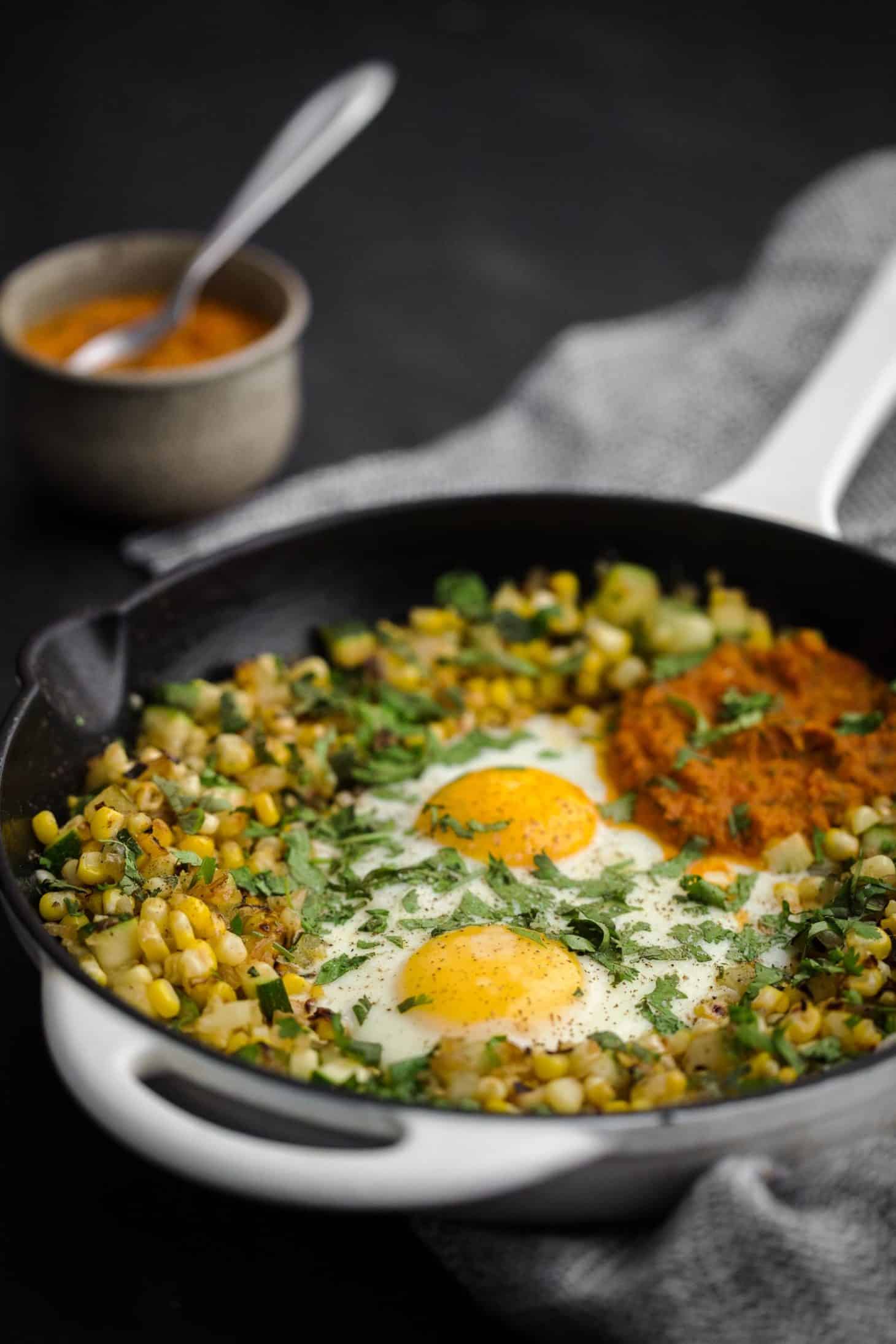 Zucchini Sweet Corn Hash Egg Skillet with Roasted Tomato Salsa | Naturally Ella