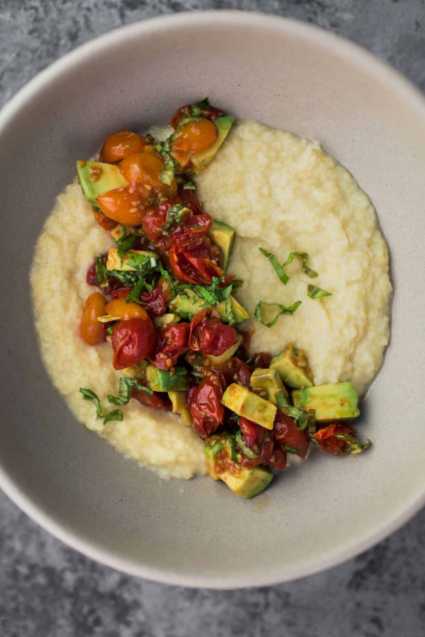 Sweet Corn Polenta with Roasted Tomatoes and Avocado | Naturally Ella