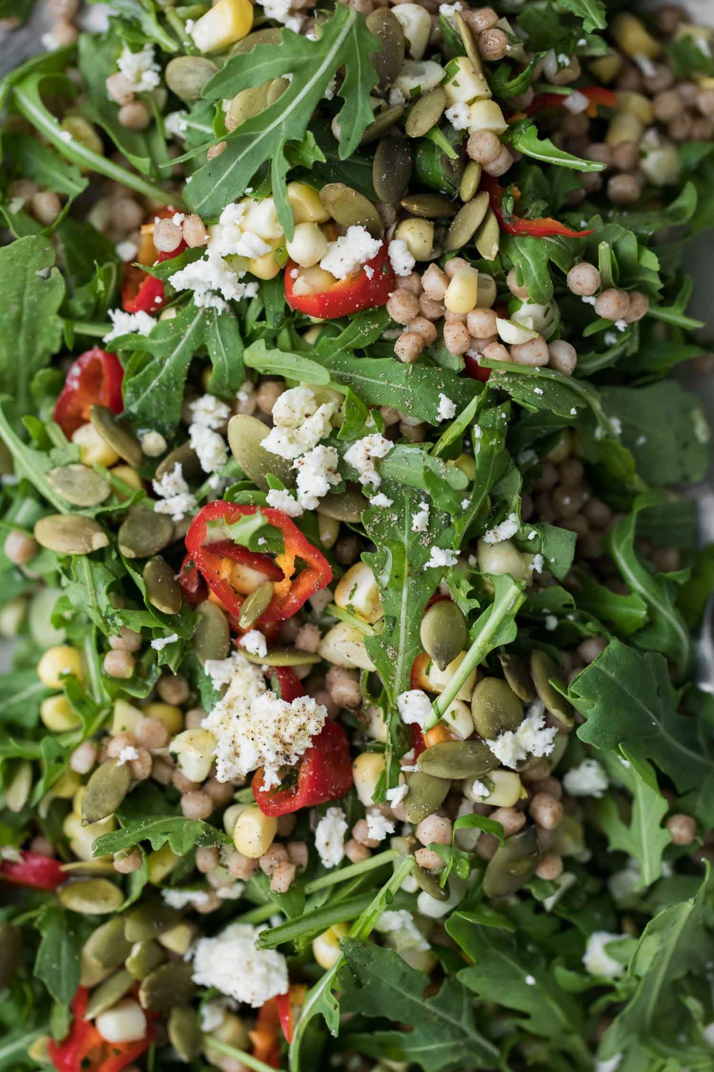 Sweet Corn Couscous Salad with Arugula and Pickled Peppers