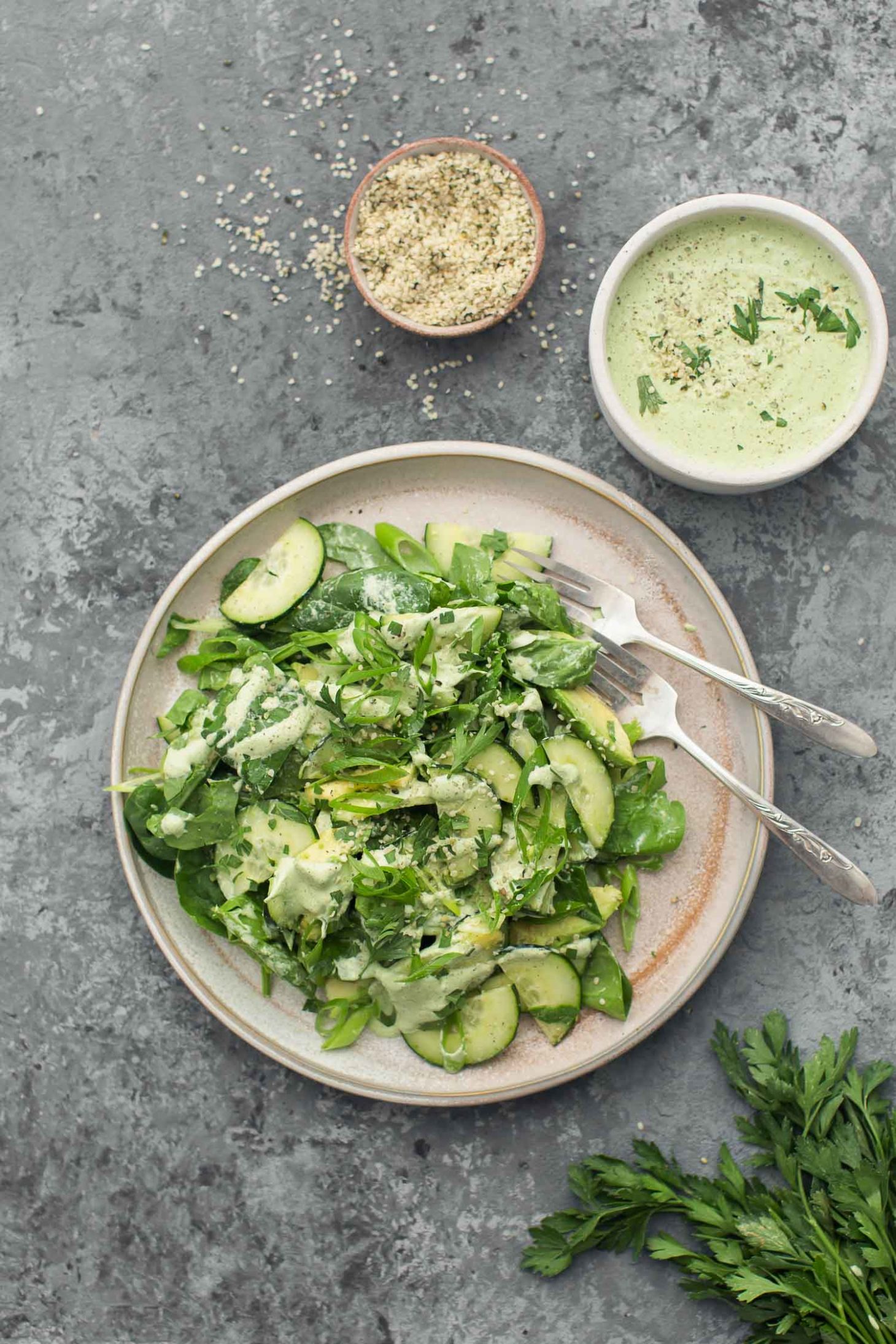 Cucumber Avocado Salad with Herby Hemp Dressing