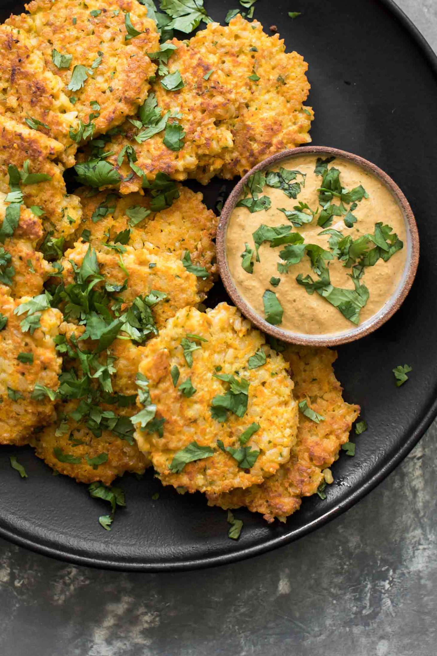 Brown Rice Carrot Fritters with Chipotle Sunflower Sauce