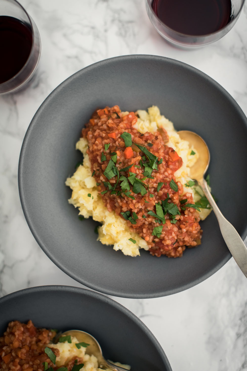 Bulgur Lentil Ragu with Parsnip-Rutabaga Mash