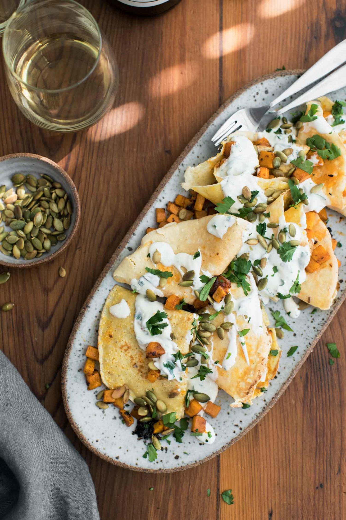 Chipotle Butternut Squash Cornmeal Crepes with Cilantro Crema