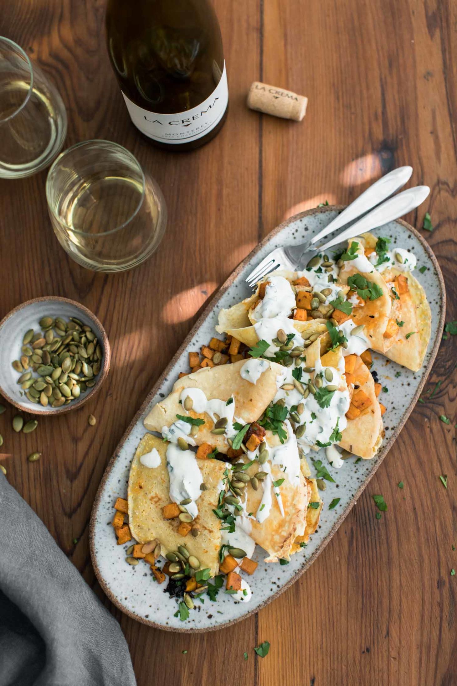 Chipotle Butternut Squash Crepes with Cilantro Crema | Naturally Ella