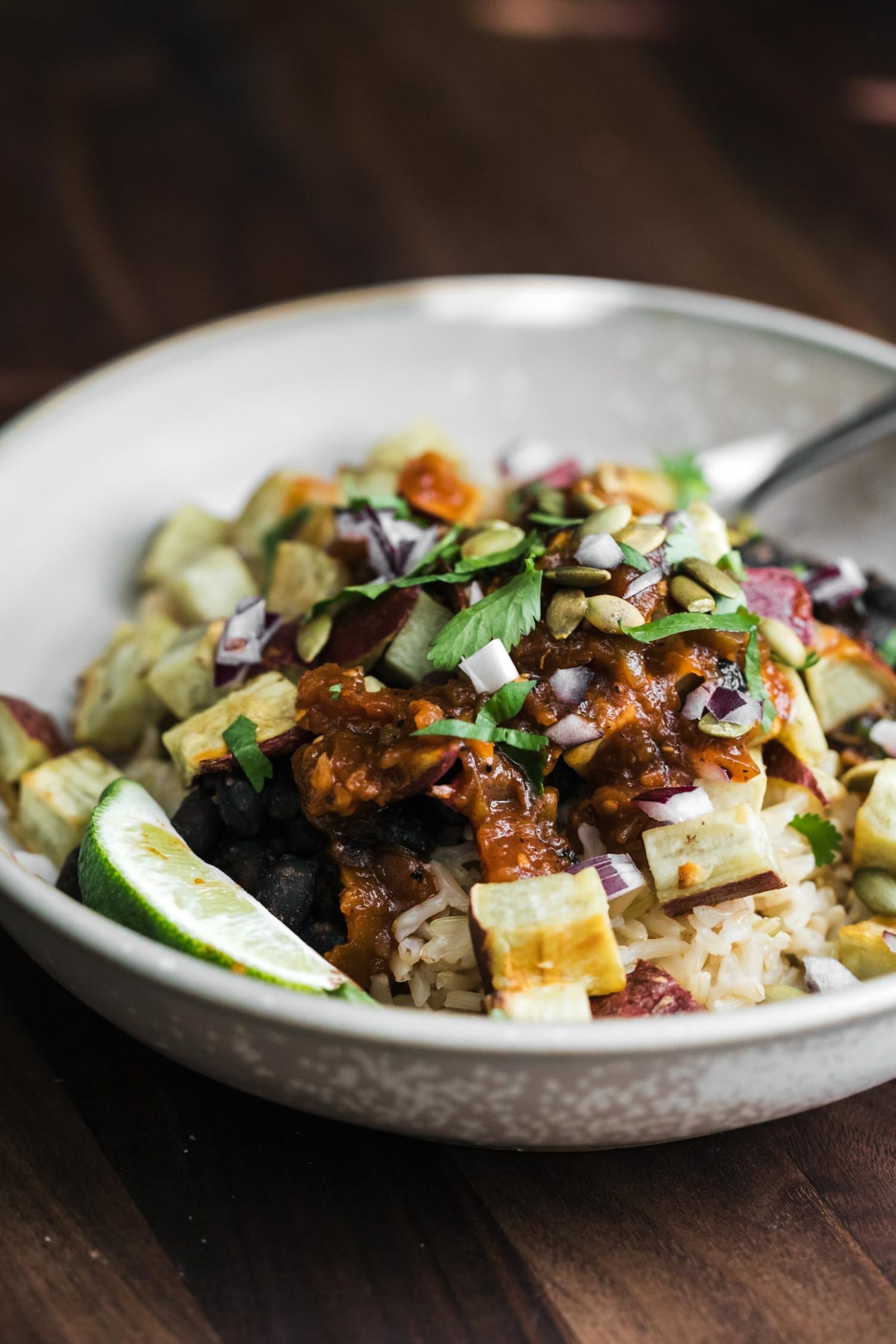 Black Bean Burrito Bowl with Roasted Sweet Potatoes