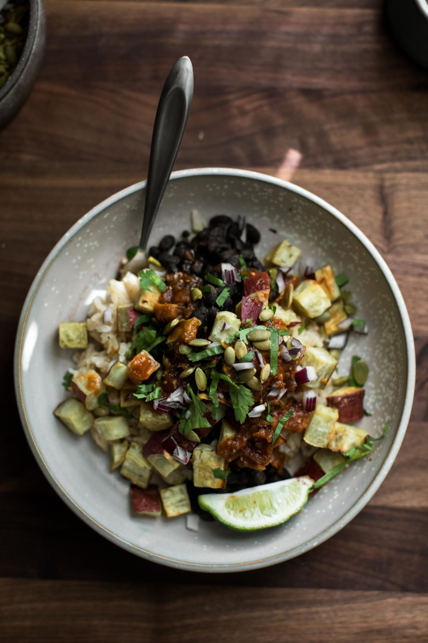 Black Bean Burrito Bowl with Roasted Sweet Potatoes and Rice | Naturally Ella