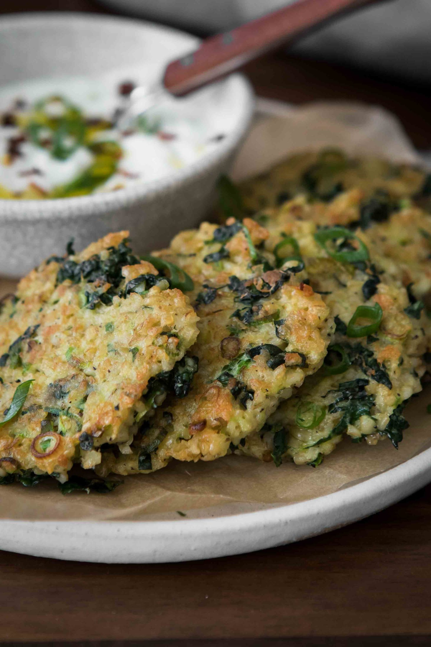 Kale Bulgur Fritters with Garlic Yogurt | Naturally Ella