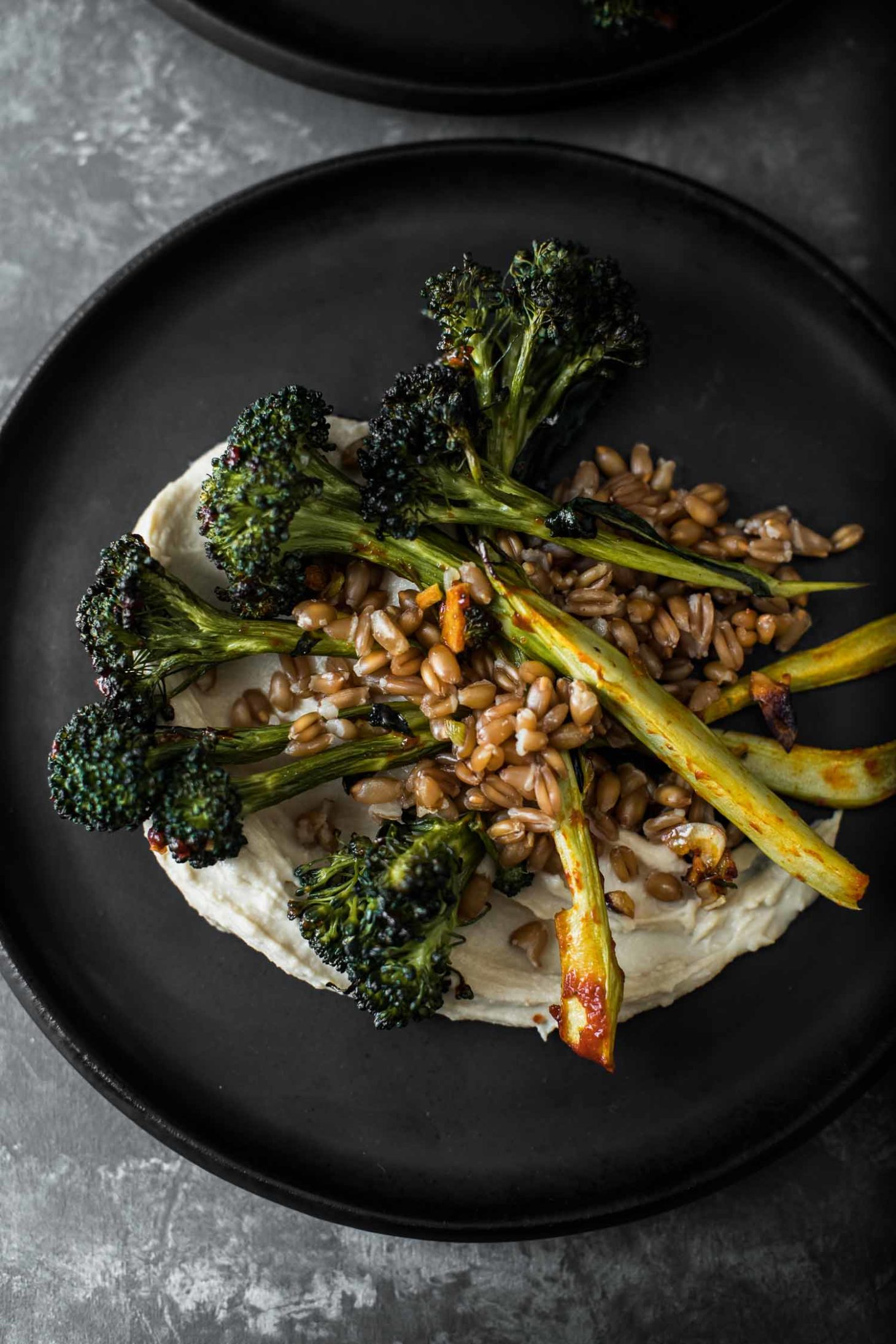 Farro with Chili Roasted Broccoli and Hummus