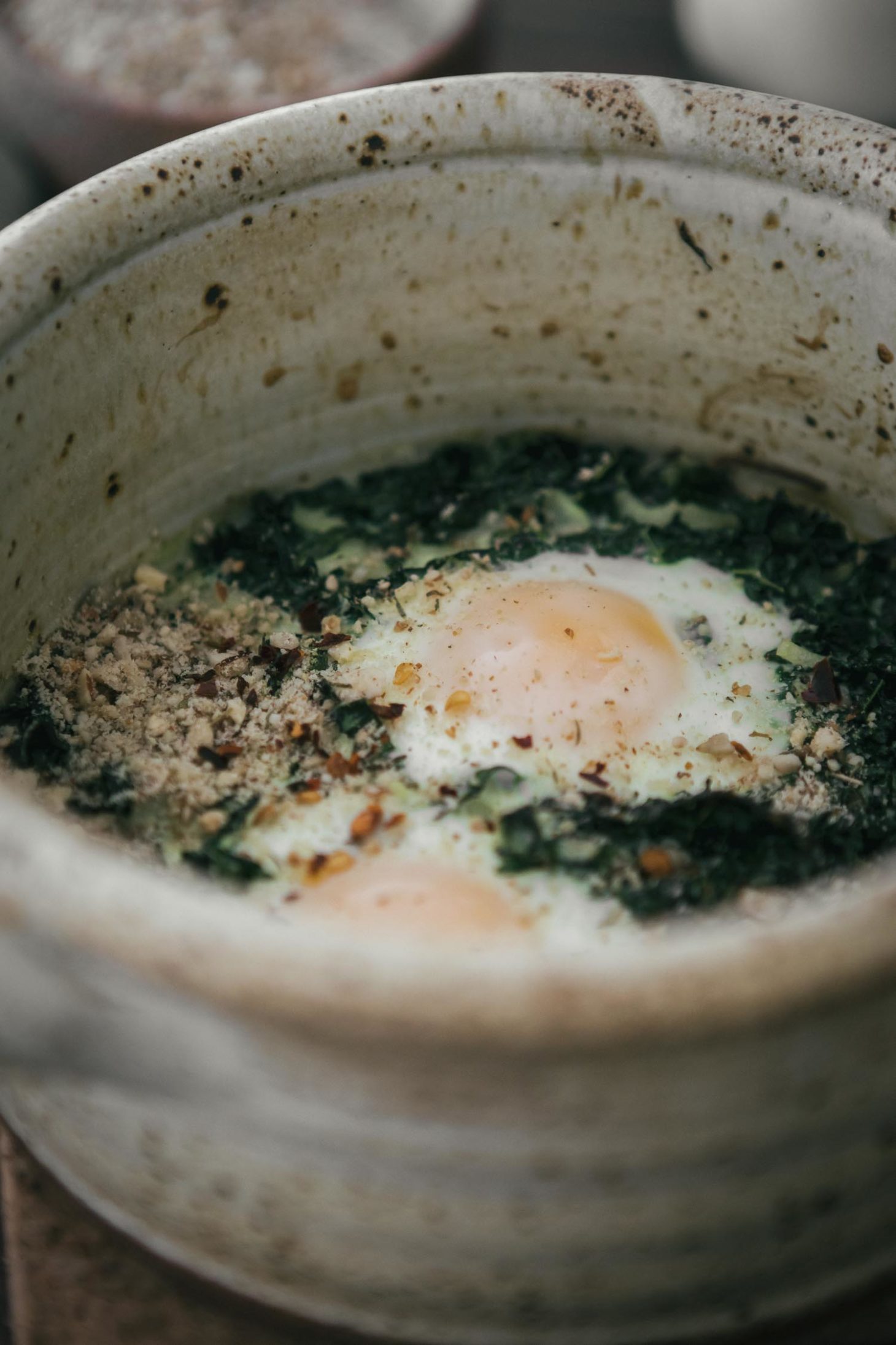 Kale Baked Eggs with Dukkah