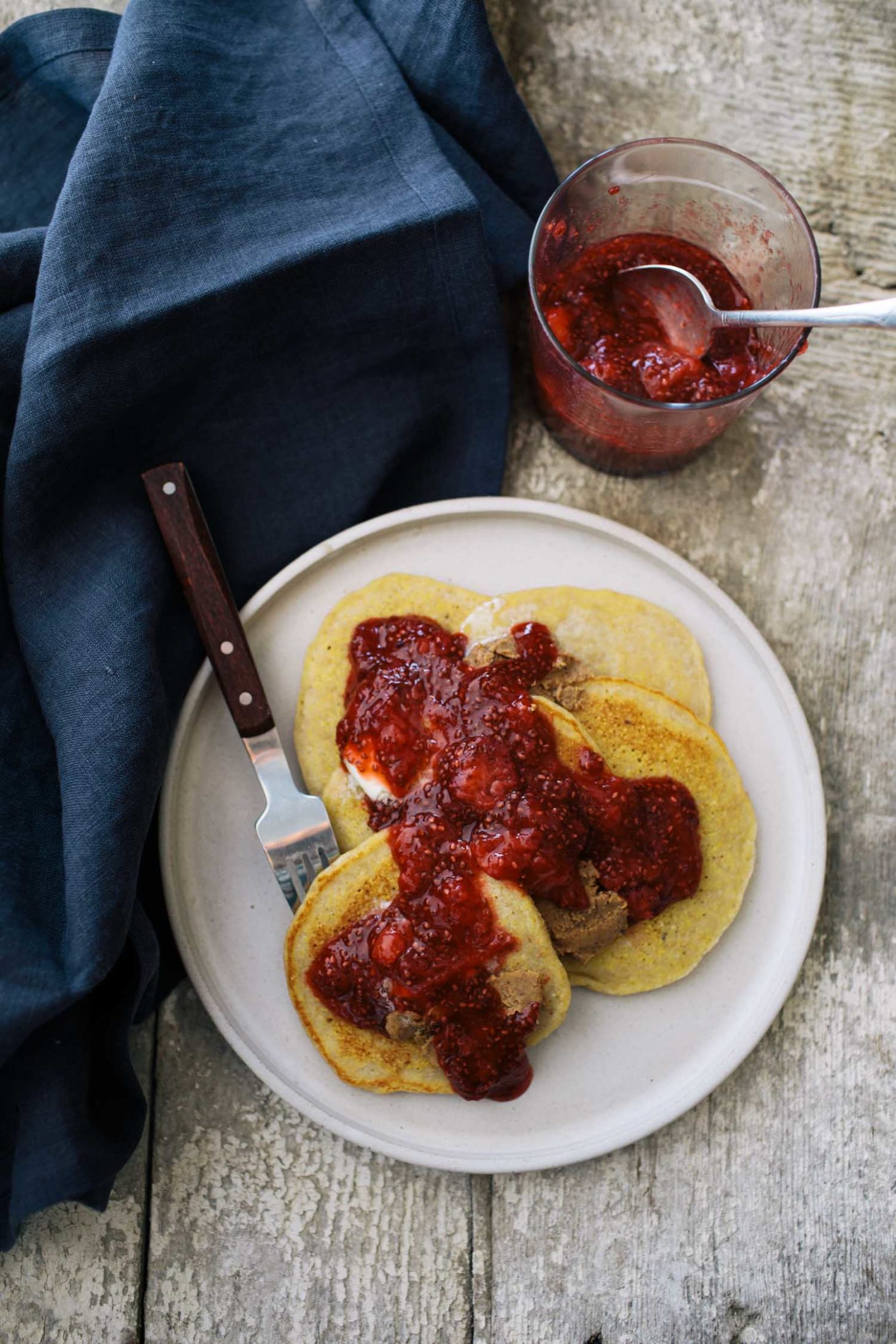 Spelt Cornmeal Pancakes with Strawberry-Lavender Chia Jam