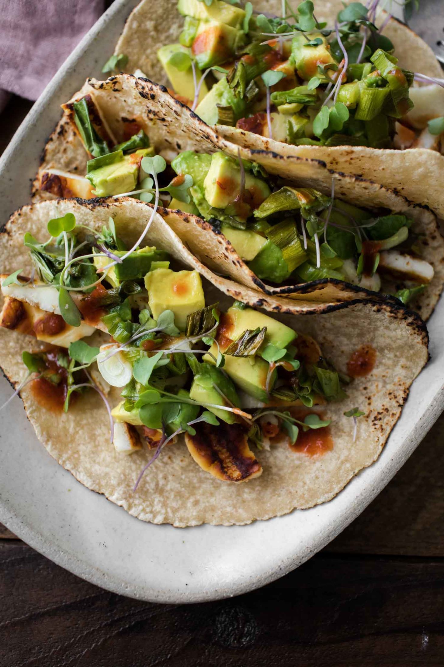 Grilled Scallion Avocado Halloumi Tacos with Hot Sauce | Naturally Ella