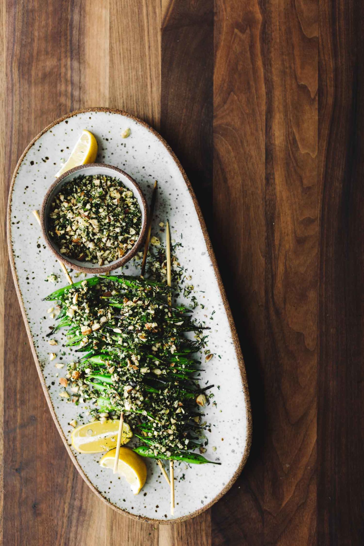 Grilled Snap Peas with Hazelnut Dill Crumb