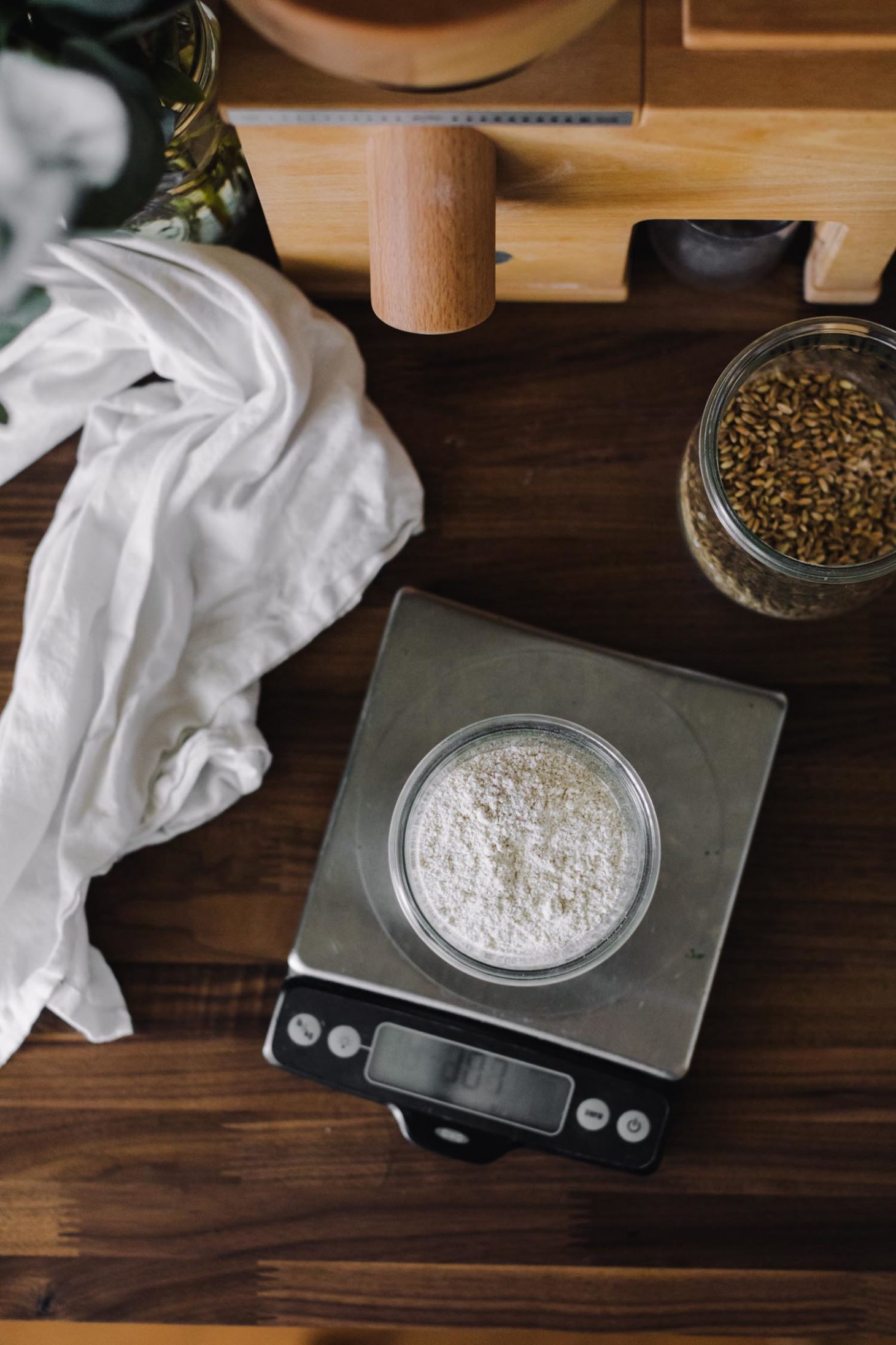 Overhead shot of kitchen scale measuring flour