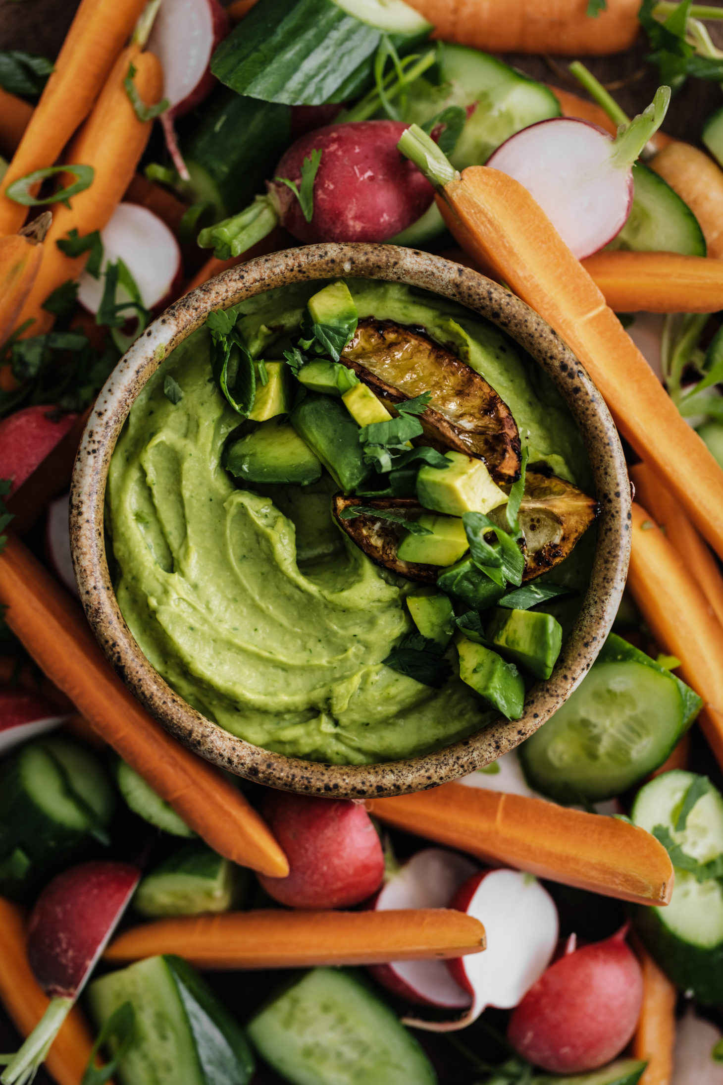 Overhead, Close-up shot of a white bean avocado dip topped with charred limes.