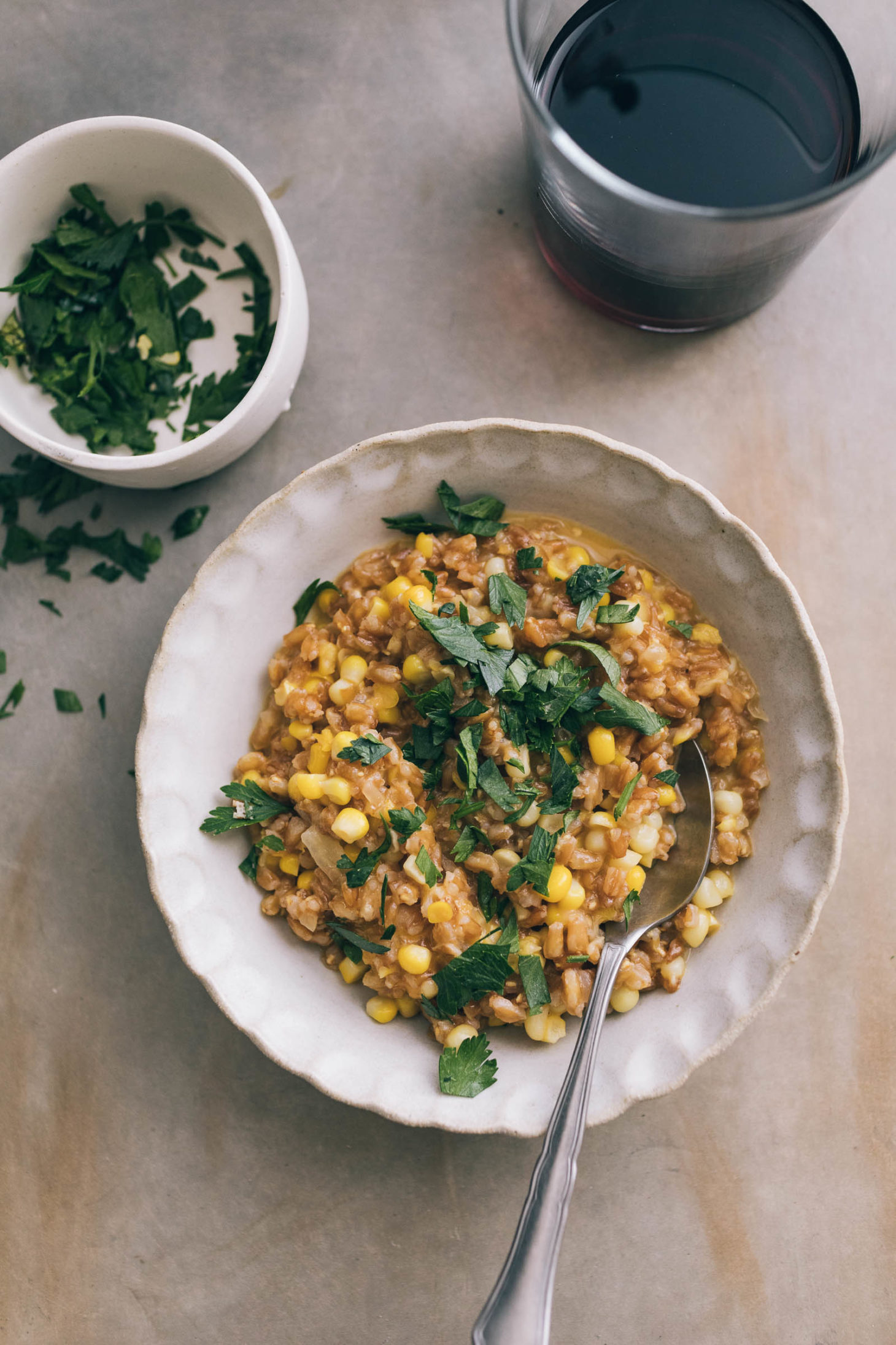 Baked Sweet Corn Farro Risotto