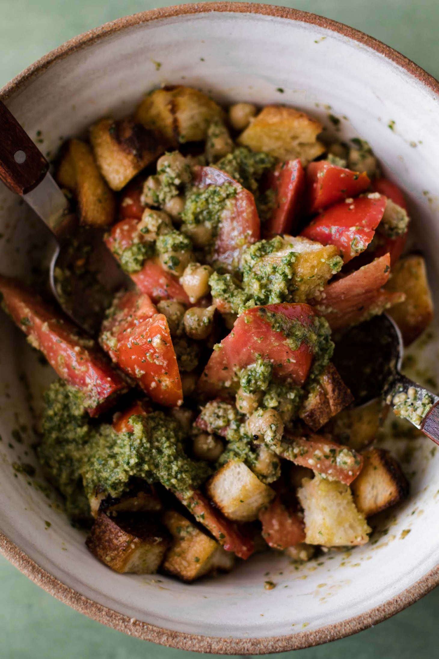 Overhead Shot of Chickpea Tomato Bread Salad with Arugula Pesto