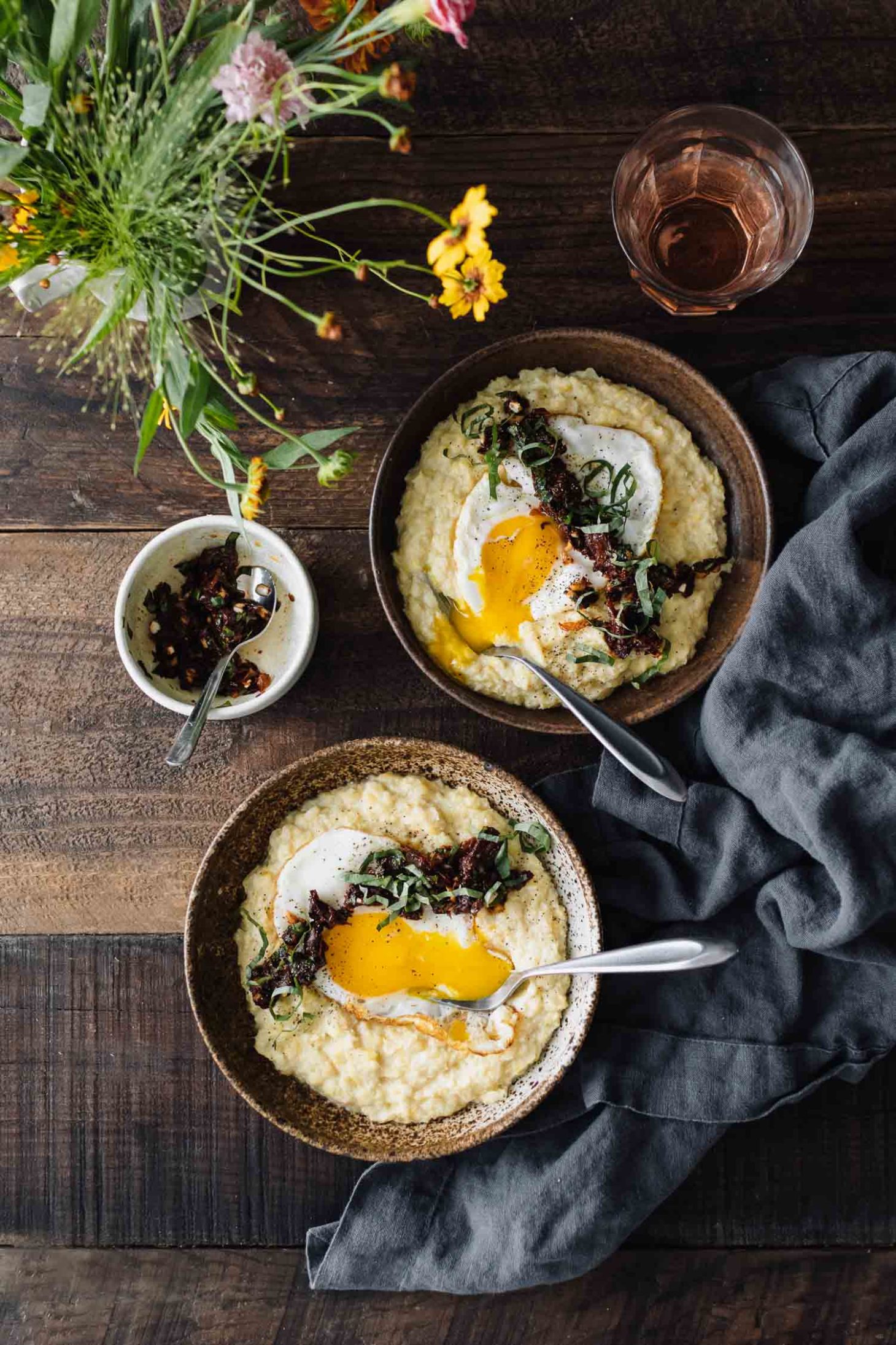 Sweet Corn Polenta with Fried Egg and Sun-Dried Tomato Relish