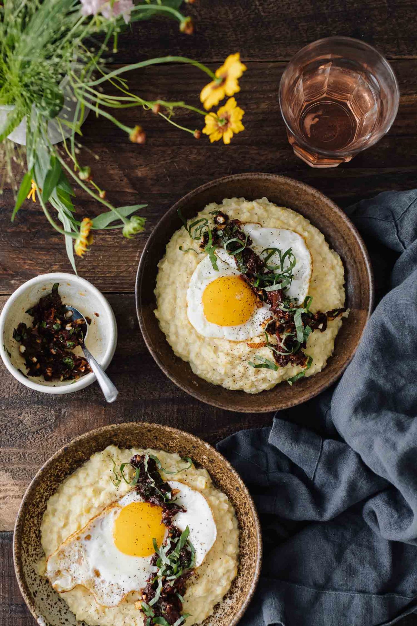 Sweet Corn Polenta with Fried Egg and Sun-Dried Tomato Relish