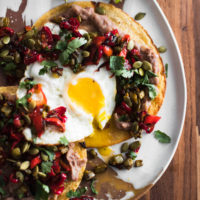 Pinto Bean Tostadas with Nopales and Eggs