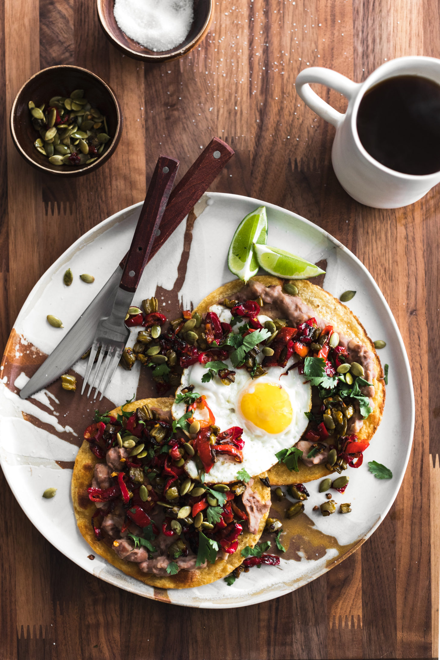 Breakafst Tostadas with Pinto Beans, Nopales, Peppers, and Eggs