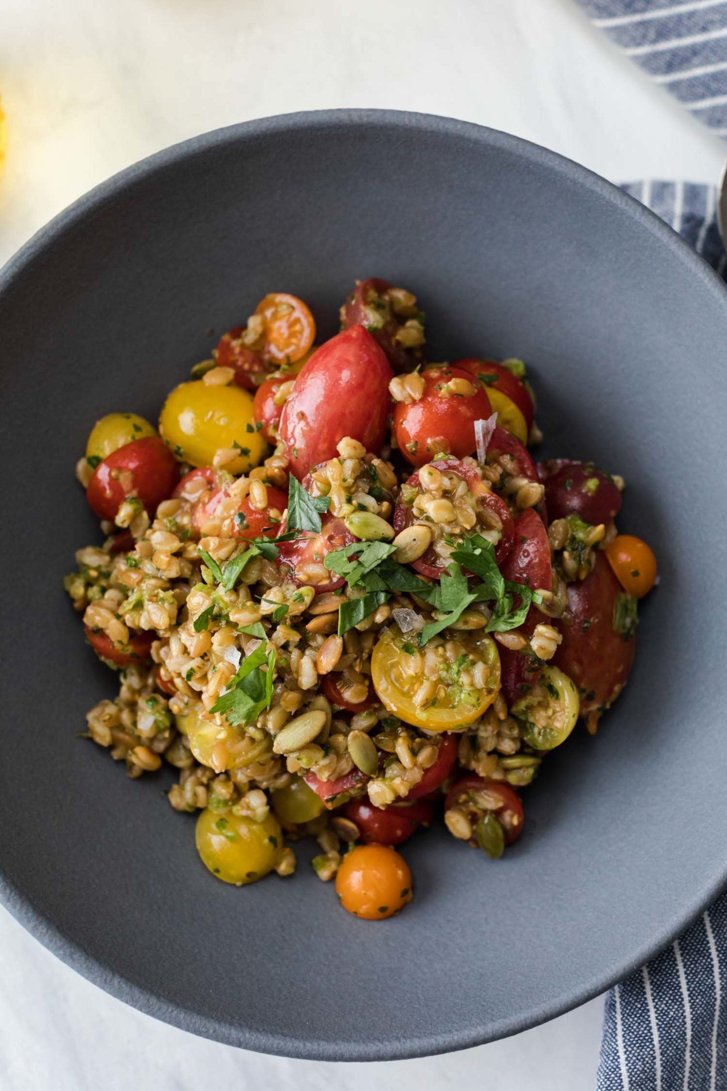 Overhead, close-up shot of a grain salad made with cooked farro, fresh grape tomatoes, and green harissa.
