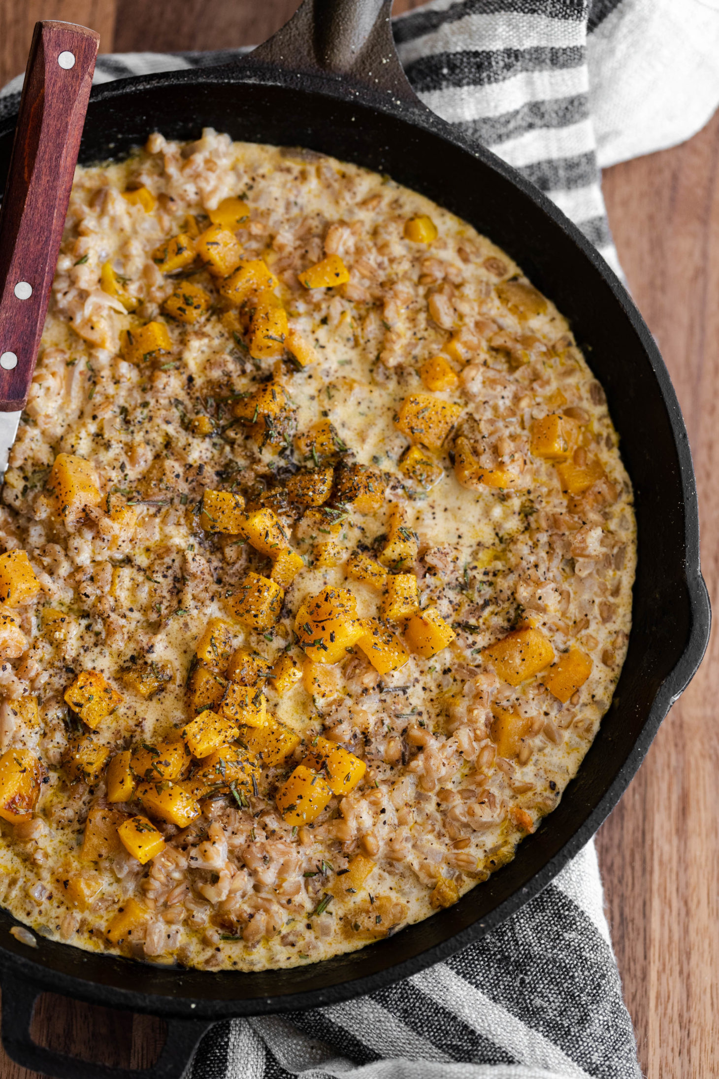 Close-up shot of a butternut squash farro risotto.