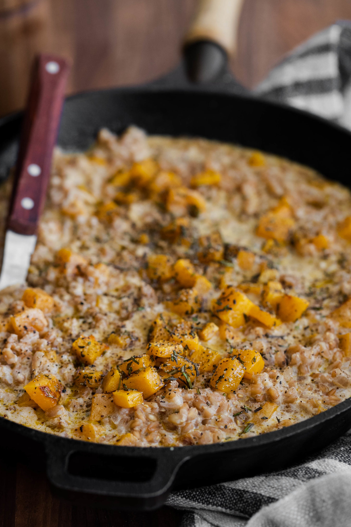 Side-angle shot of farro risotto with roasted butternut squash.