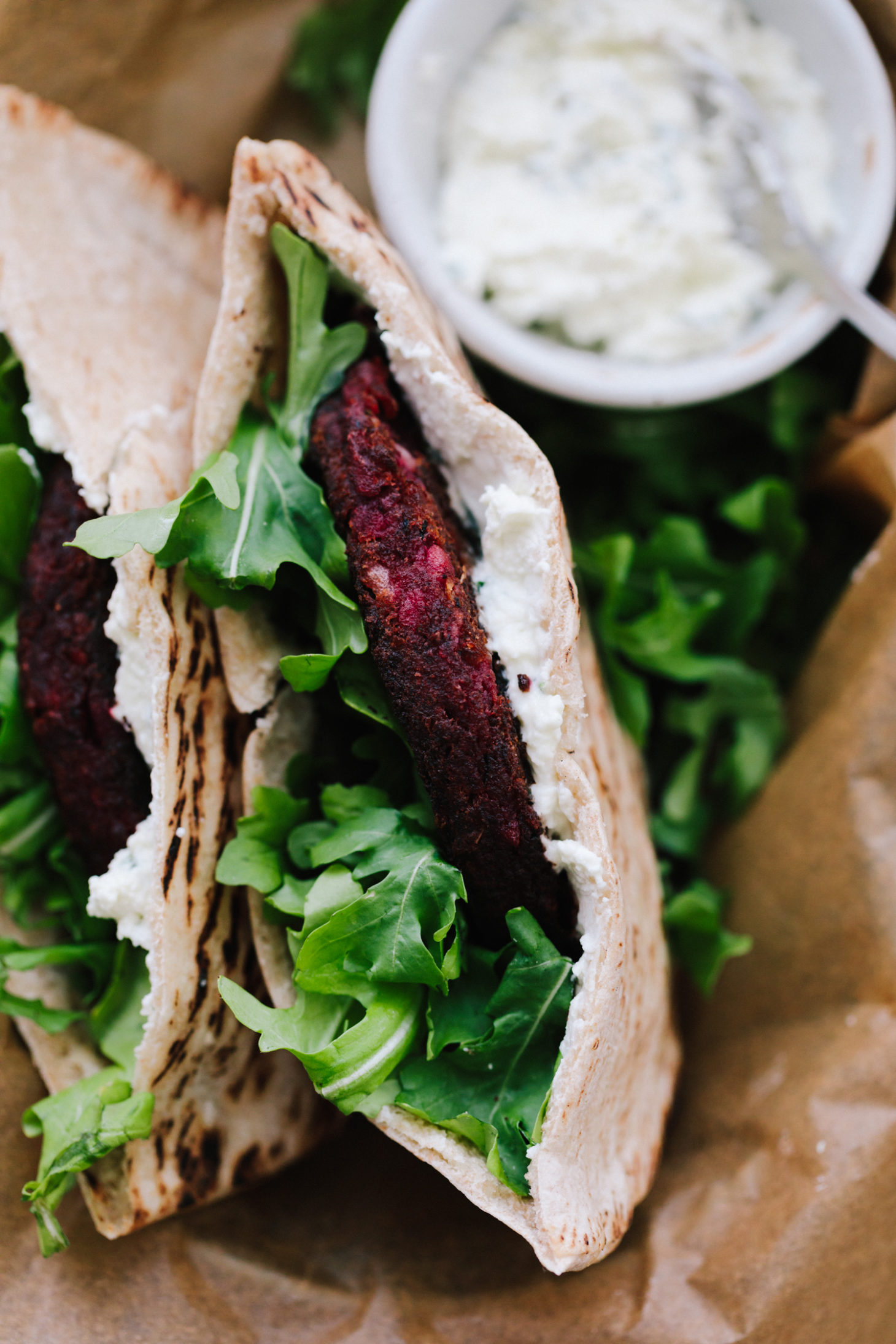 Beet Veggie Burger Stuffed Pita with Whipped Feta