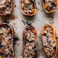 Overhead photo of twice-baked honeynut squash with breadcrumbs and brown butter