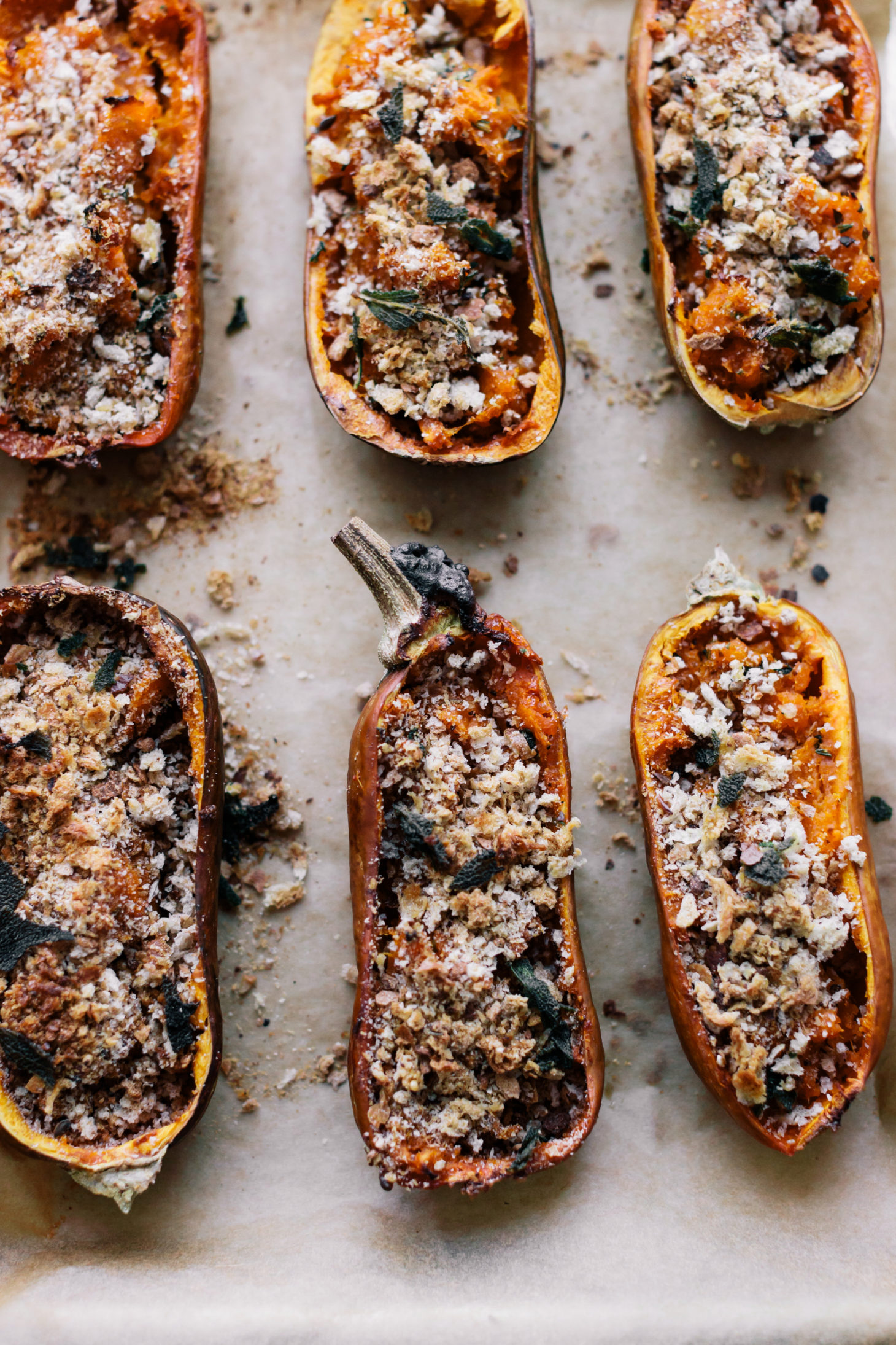 Overhead photo of twice-baked honeynut squash with breadcrumbs and brown butter