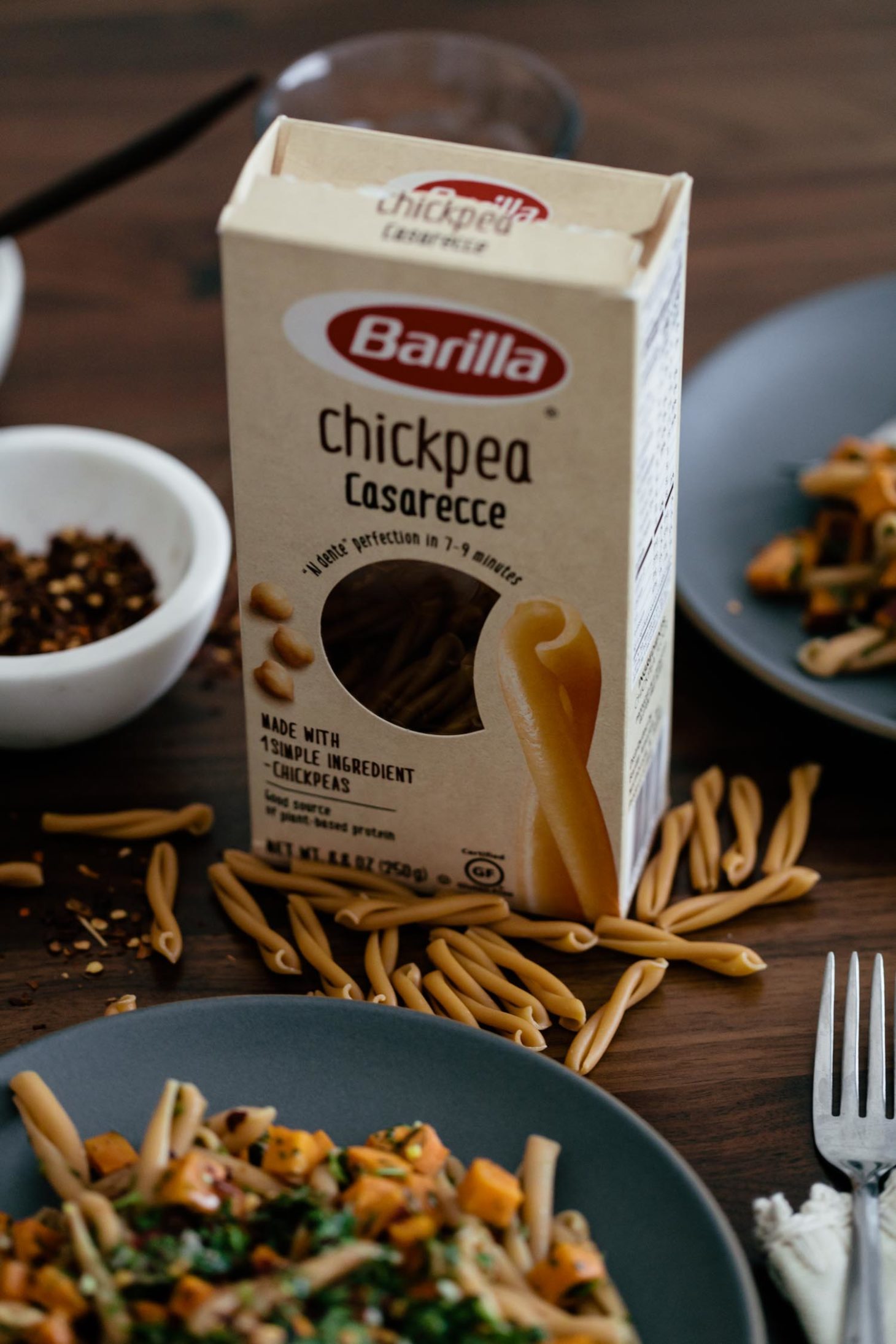 Chickpea Casarecce Pasta with Roasted Sweet Potatoes and Chimichurri