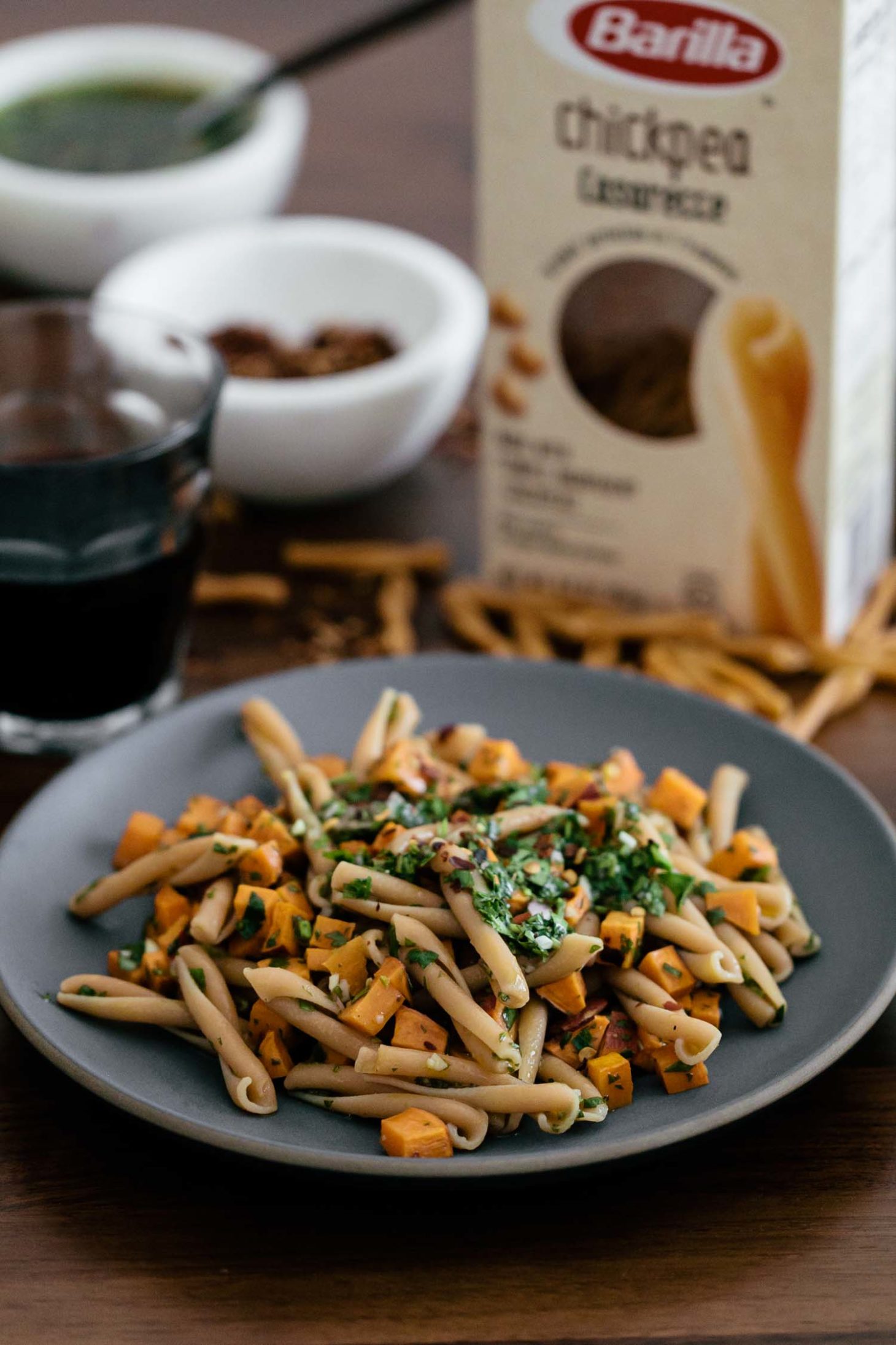 Chickpea Casarecce Pasta with Roasted Sweet Potatoes and Chimichurri