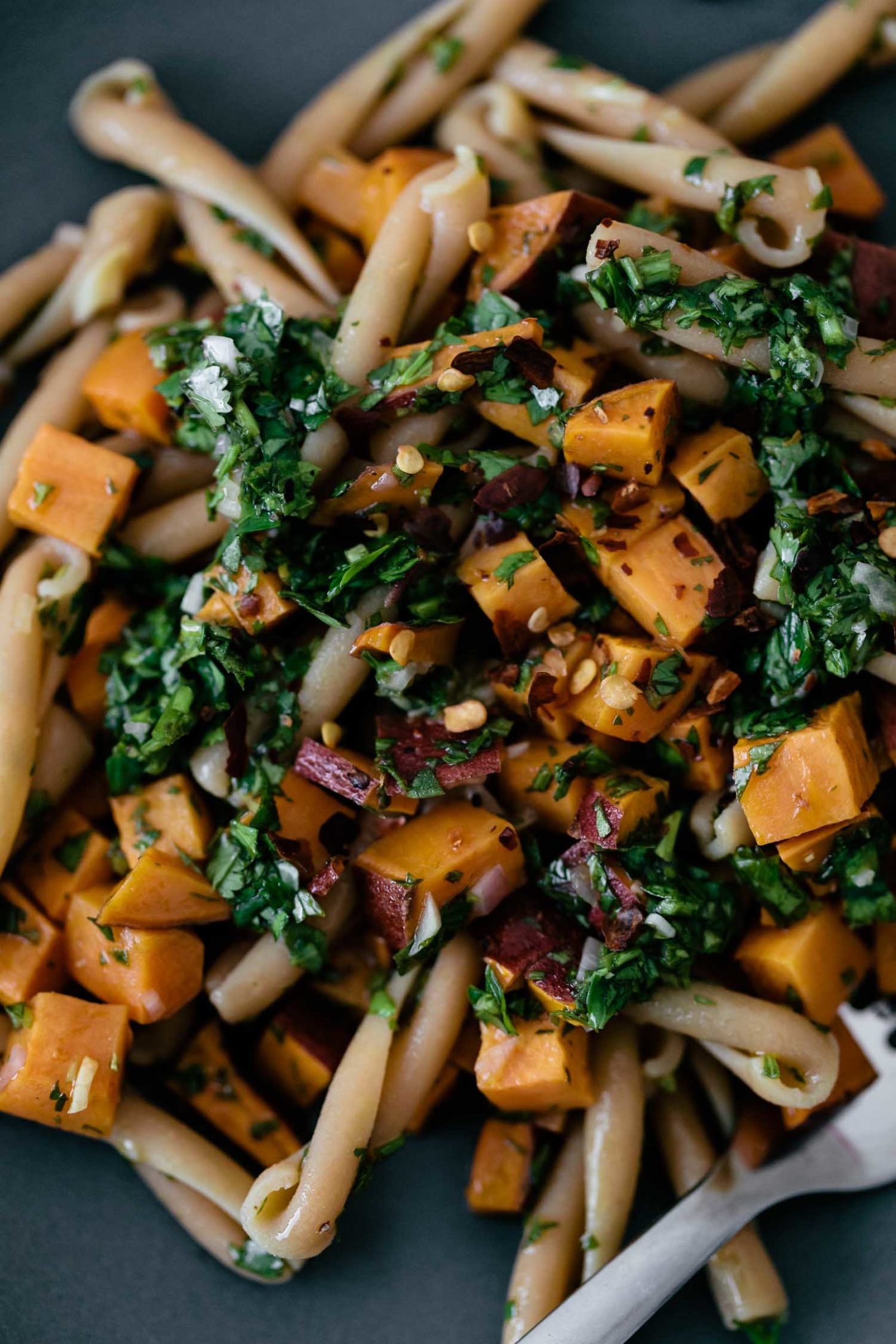 Chickpea Casarecce Pasta with Roasted Sweet Potatoes and Chimichurri