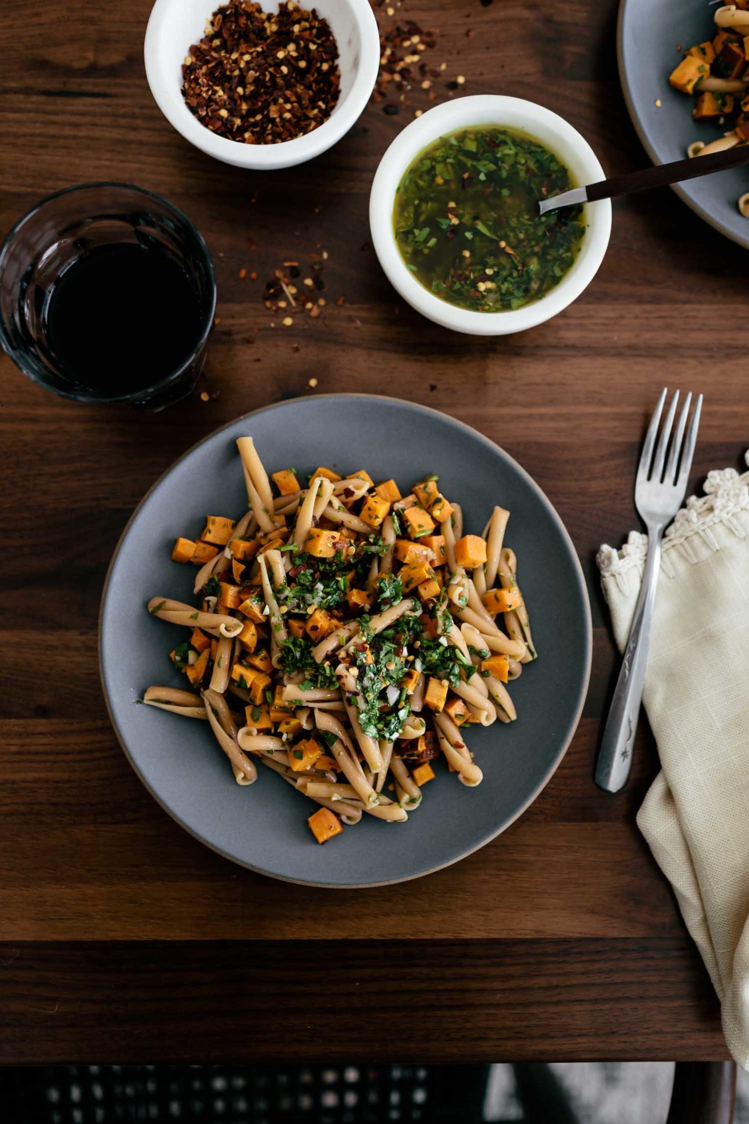 Chickpea Casarecce Pasta with Roasted Sweet Potatoes and Chimichurri