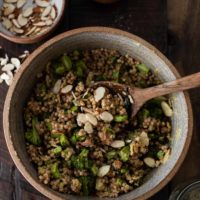 Overhead Photo Broccoli Salad with Couscous and Tahini Dressing