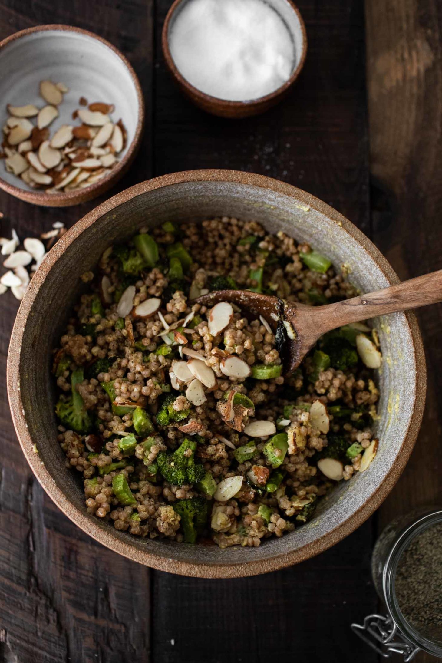 Overhead Photo Broccoli Salad with Couscous and Tahini Dressing