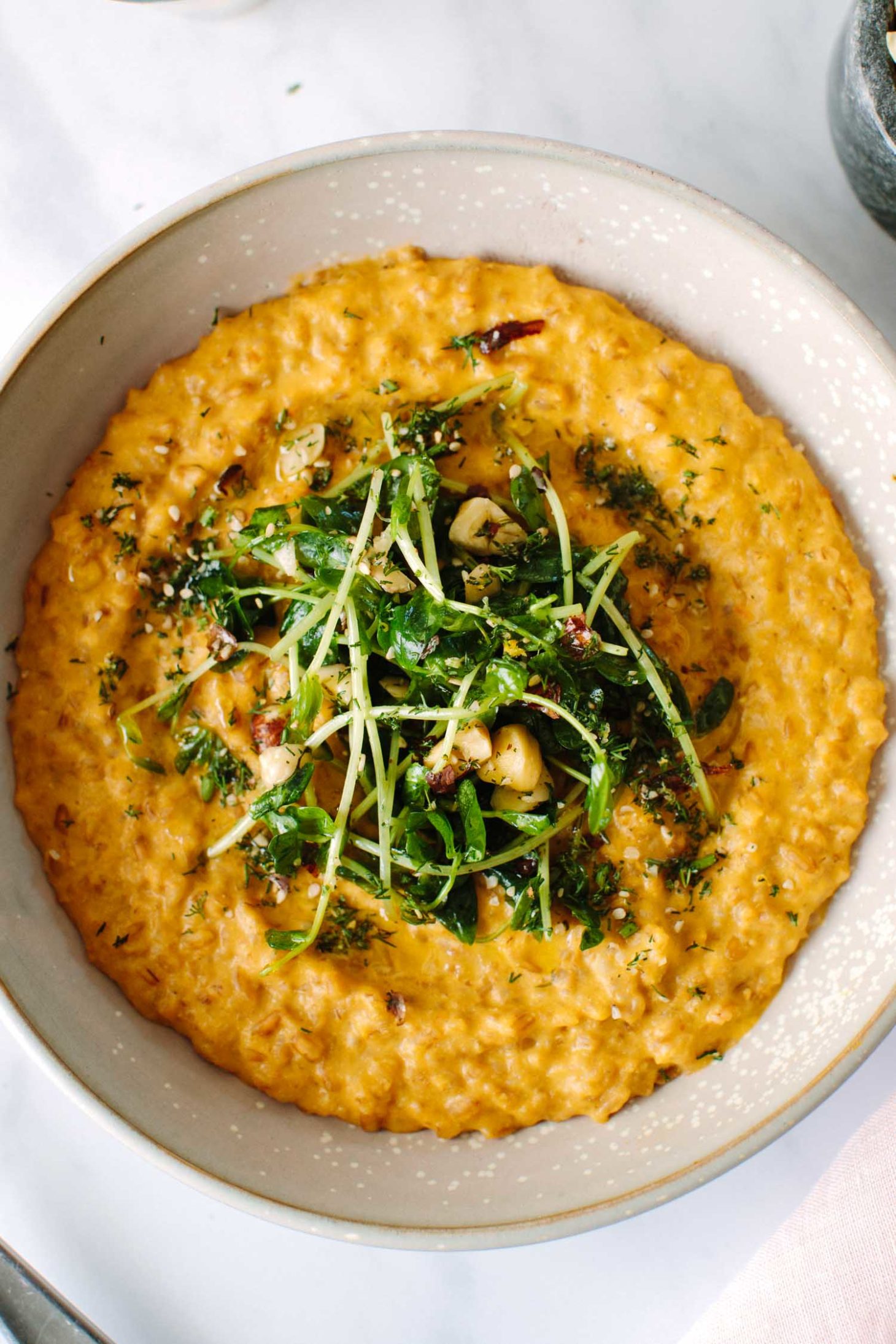 Close-up overhead photograph Sunflower Carrot Risotto with Hazelnut-Pea Shoots