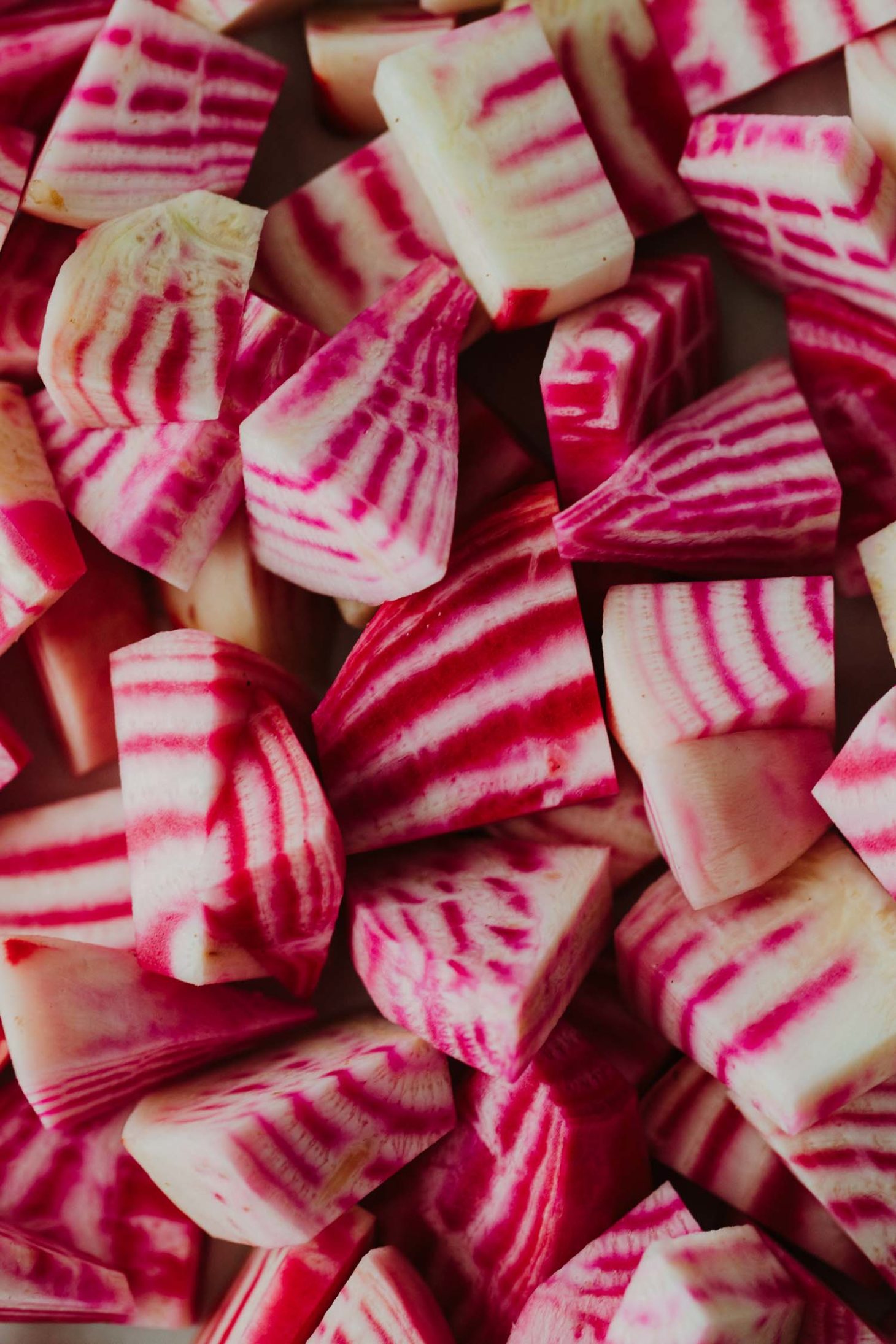 Close-up photo of sliced chioggia beets