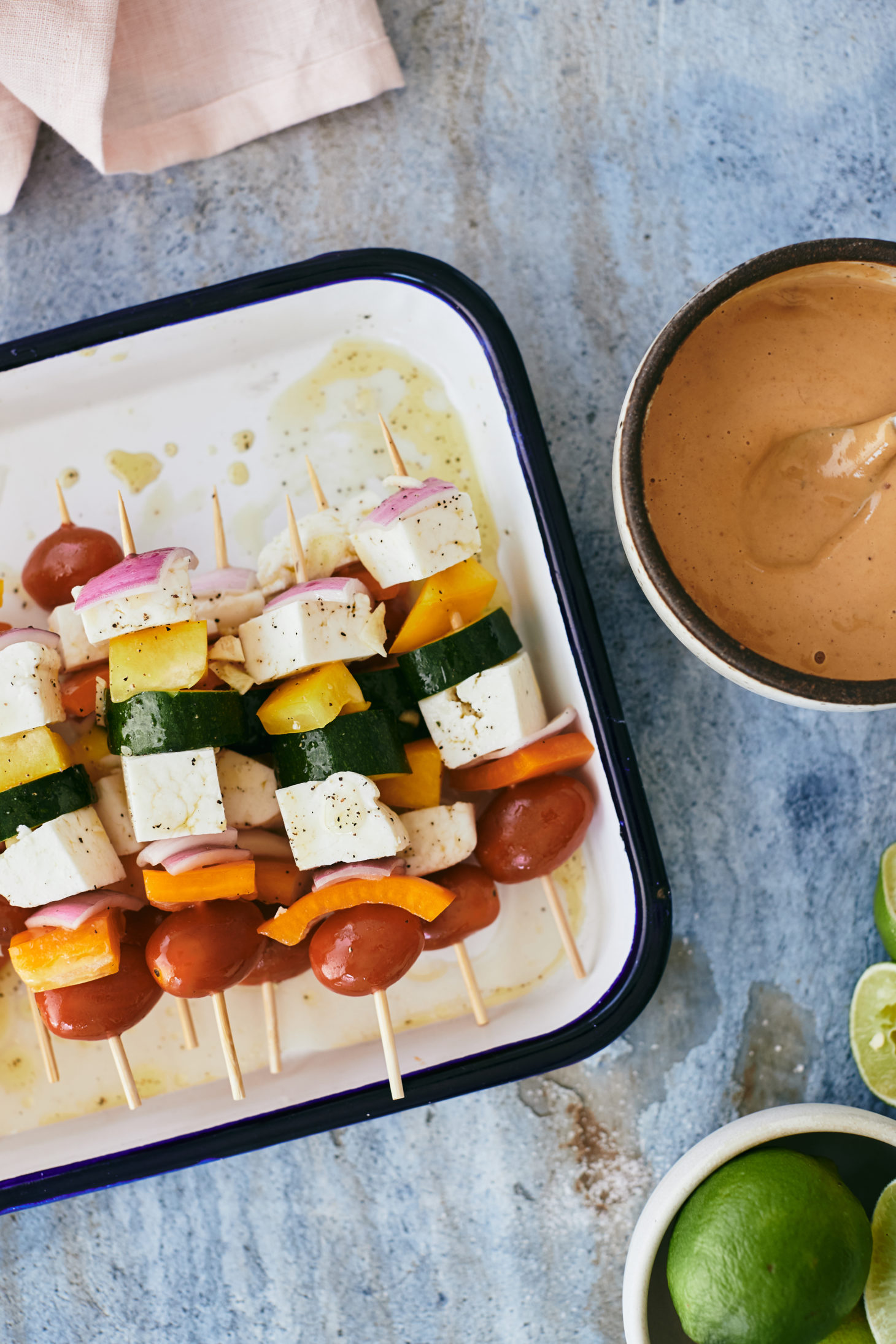 Halloumi and Vegetable skewers with a peanut sauce on the side