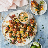 Marinated Halloumi Skewers with Summer Veg and Chipotle-Lime Peanut Sauce