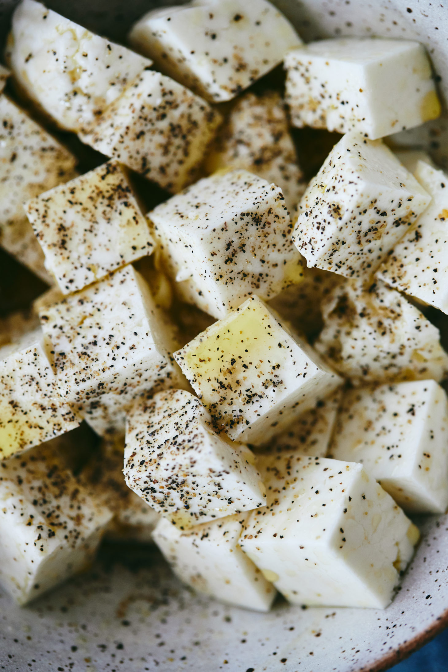 Cubed halloumi with olive oil, salt, and pepper