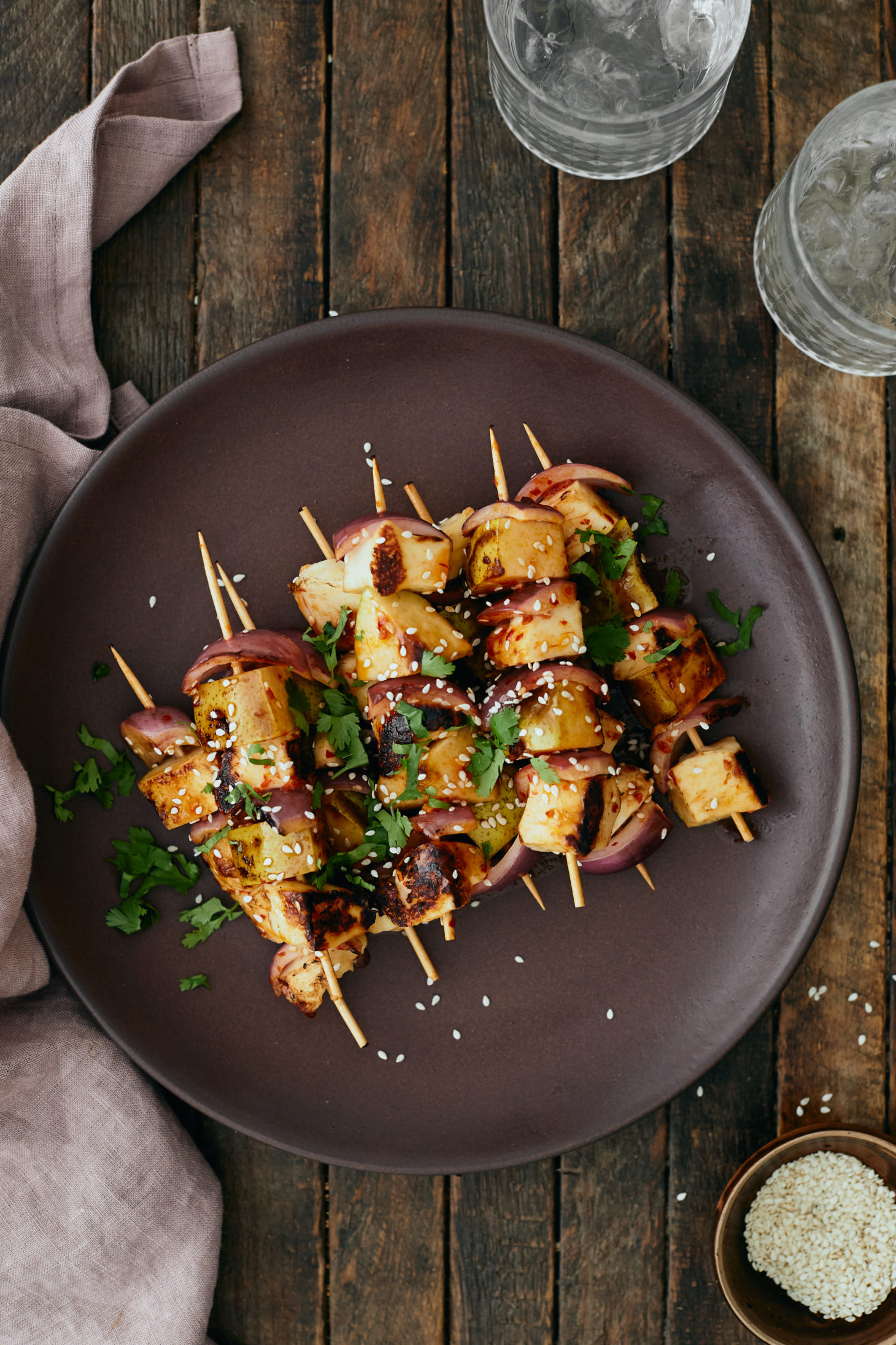 Grilled Pear and Halloumi Skewers with Chili Sauce