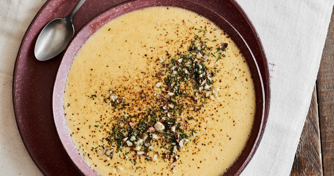 Sweet Corn Soup with Hazelnut-Dill Garnish