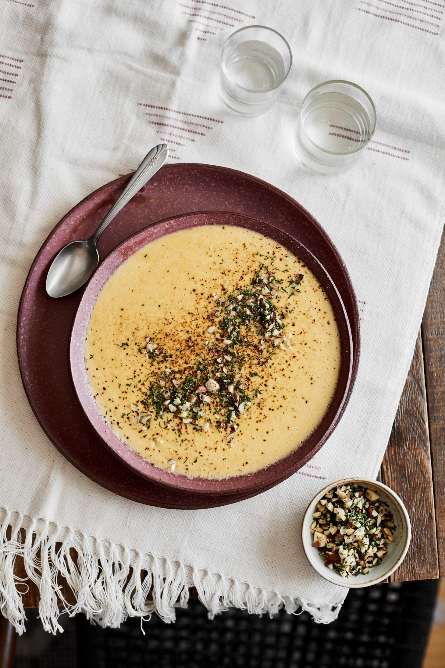 Sweet Corn Soup with Hazelnut-Dill Garnish