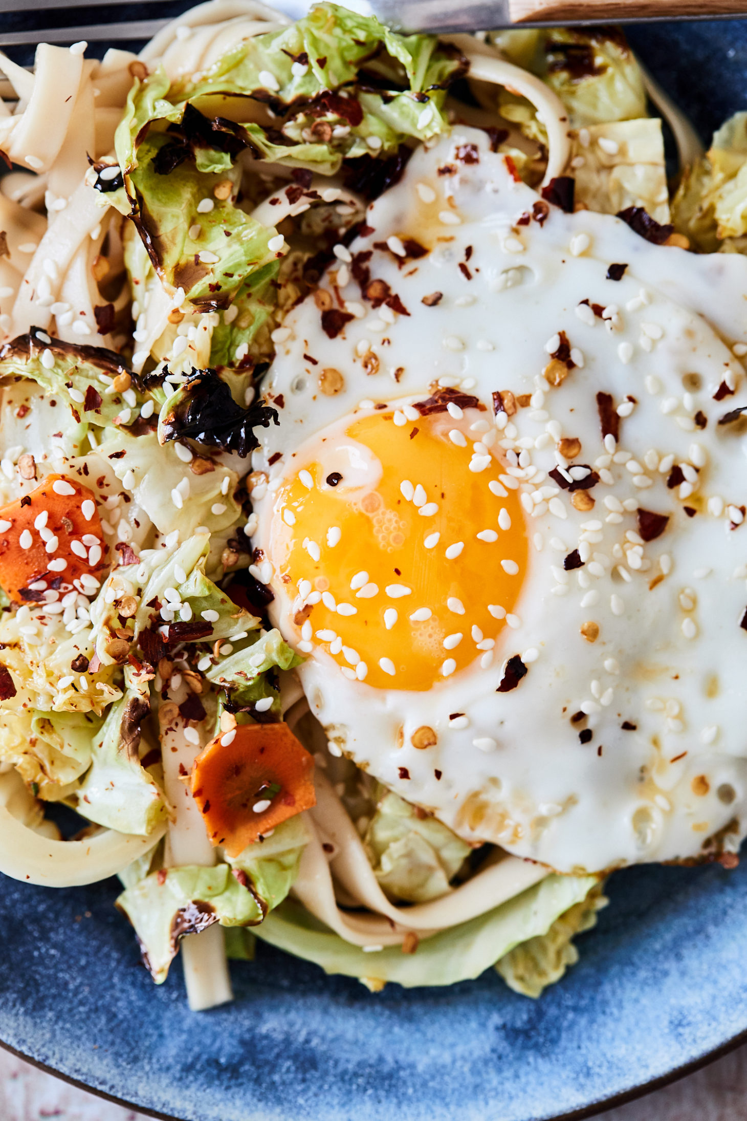 Cabbage Noodle Bowls with Fried Eggs